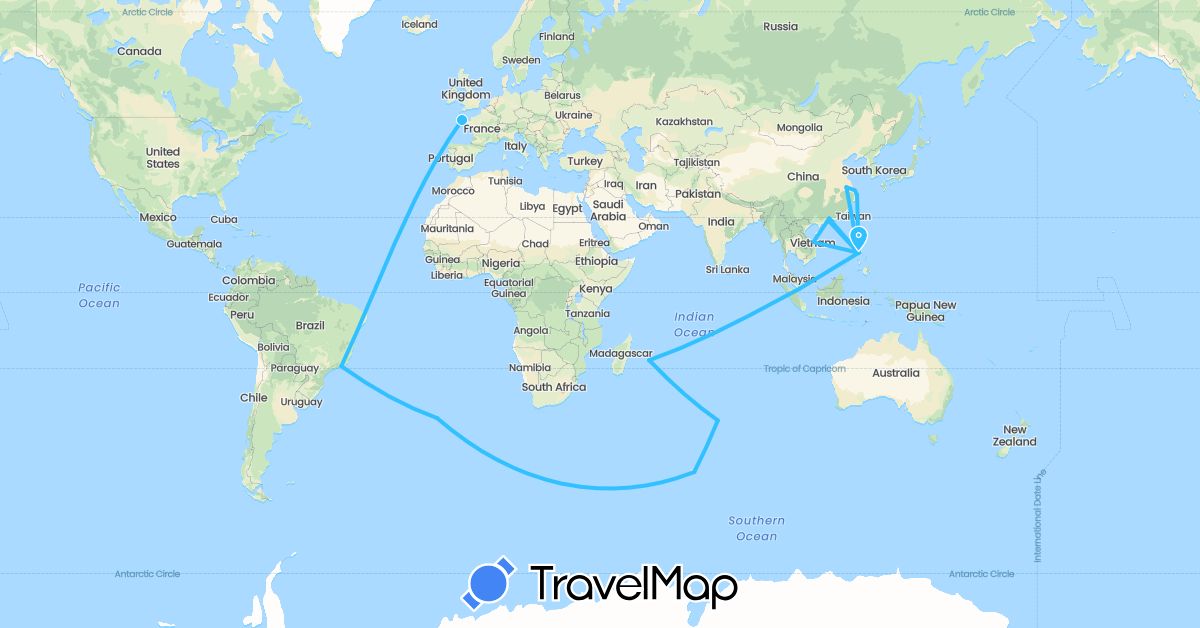 TravelMap itinerary: driving, boat in Brazil, China, France, Philippines, Singapore, Saint Helena, Vietnam (Africa, Asia, Europe, South America)